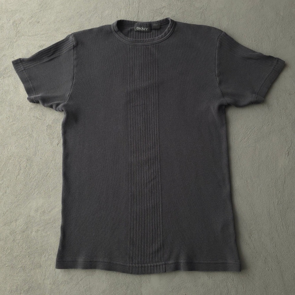 Vintage Y2K DKNY Grey T-shirt Large Ribbed Cotton Short Sleeve
